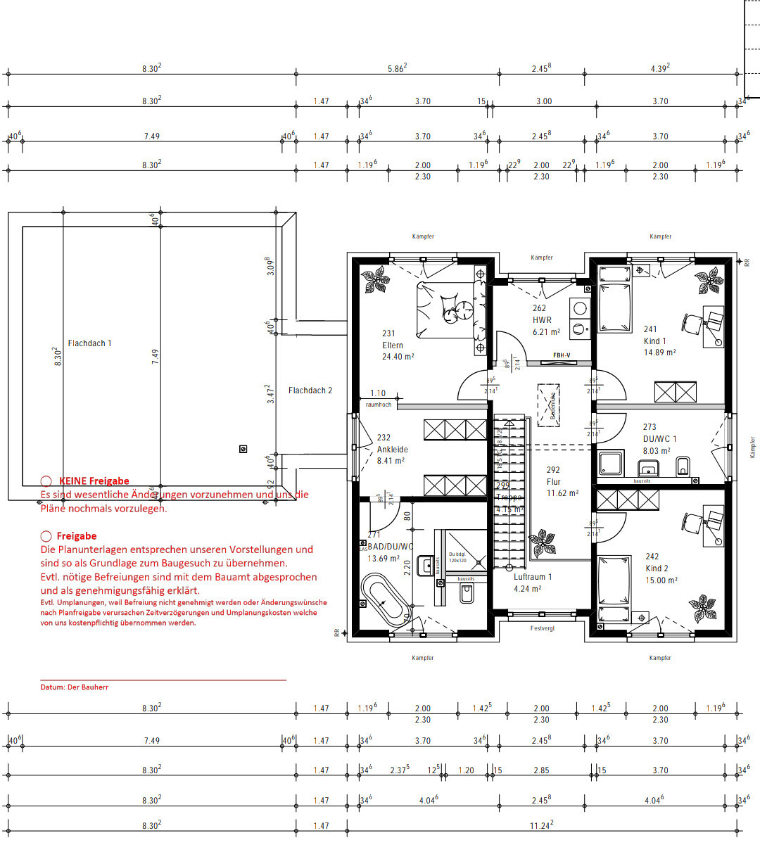 Grundriss eines Hauses: Eltern- und Kinderzimmer, Flur, Bad, HWR, Treppe.