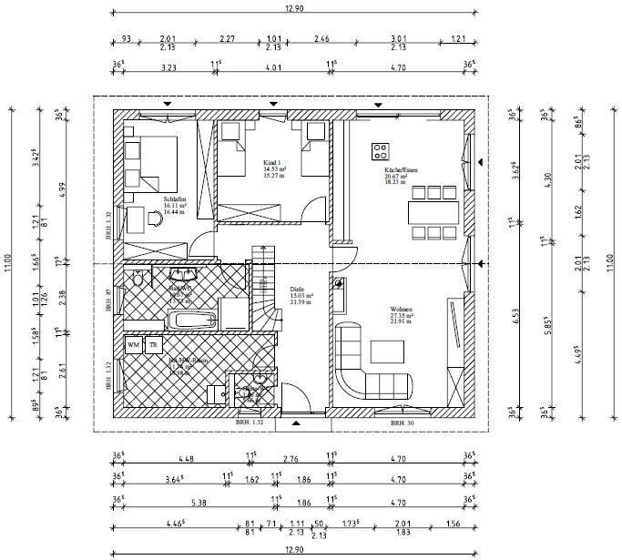 Detailed floor plan of a residential house with living room, kitchen, hallway, bedroom, and bathroom.