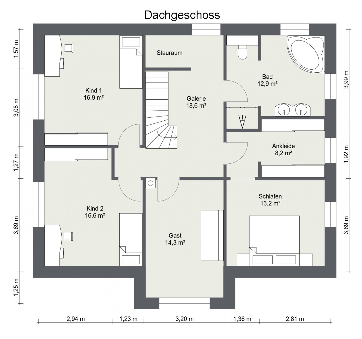 Upper floor plan with bedroom, children’s rooms, guest room, bathroom, walk-in closet, and stairs