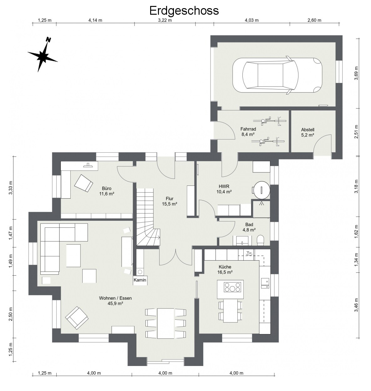 Ground floor plan with garage, bike room, kitchen, living/dining, office, utility, bathroom