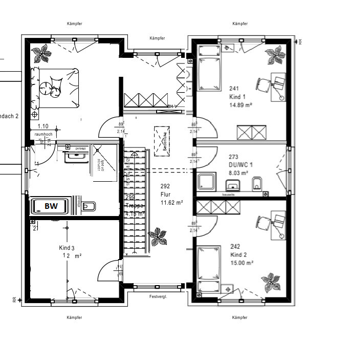 Floor plan of a residential house: central hallway, staircase, bathroom, kitchen, bedroom, three children’s bedrooms.