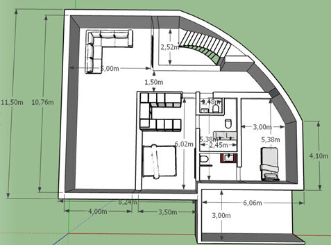 2D floor plan of a house with living room, kitchen and stairs, including measurements.