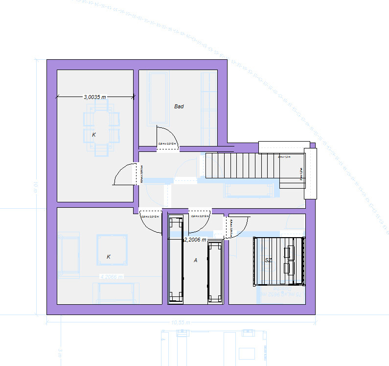 Floor plan of a house with kitchen (K), bathroom, bedroom (SZ), room A and stairs.