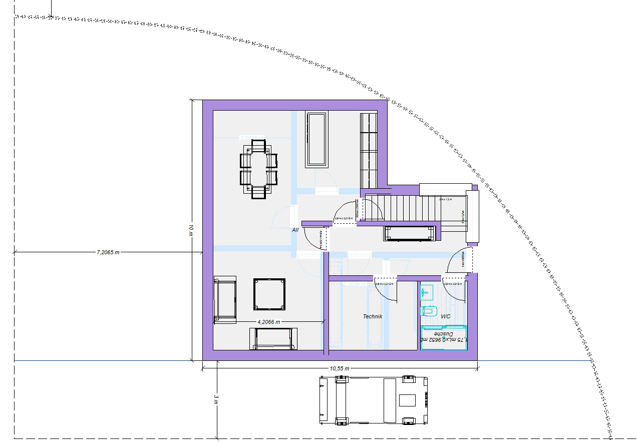 Floor plan of a house with stairs, utility room, WC, living room with dining table and sofa; purple exterior walls
