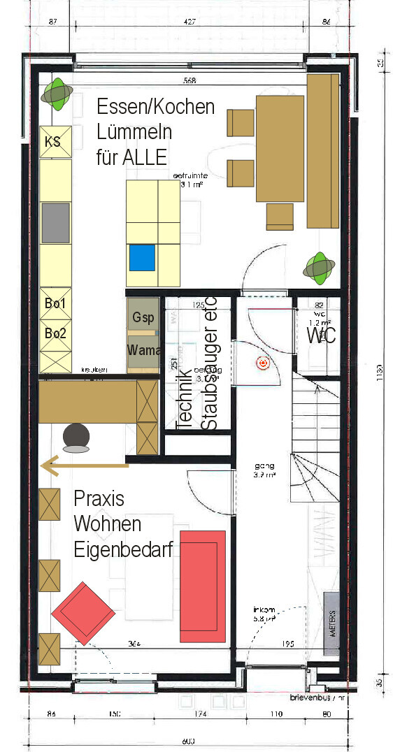Floor plan: Kitchen, dining area, living room, WC, staircase; Practice/living/private use.
