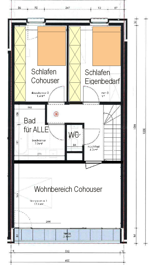 Floor plan: Two bedrooms, shared bathroom, WC, open living area, staircase, terrace.