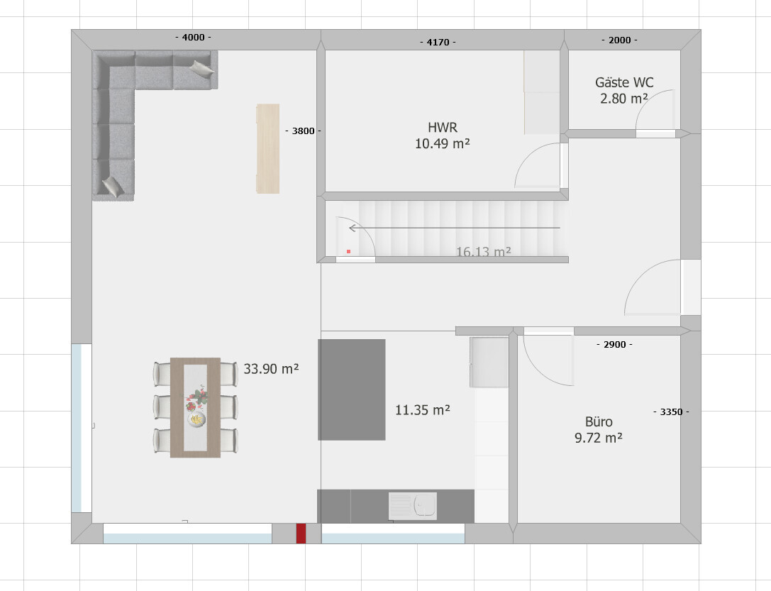 Floor plan of a house: open dining area, kitchen, office, utility room, guest WC, and stairs