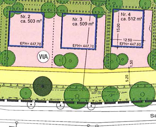 Site plan: parcels No. 2–4 with area details, trees, and road.