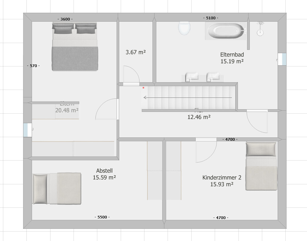 Upper floor plan: bedroom, master bath, child’s room 2, storage, corridor