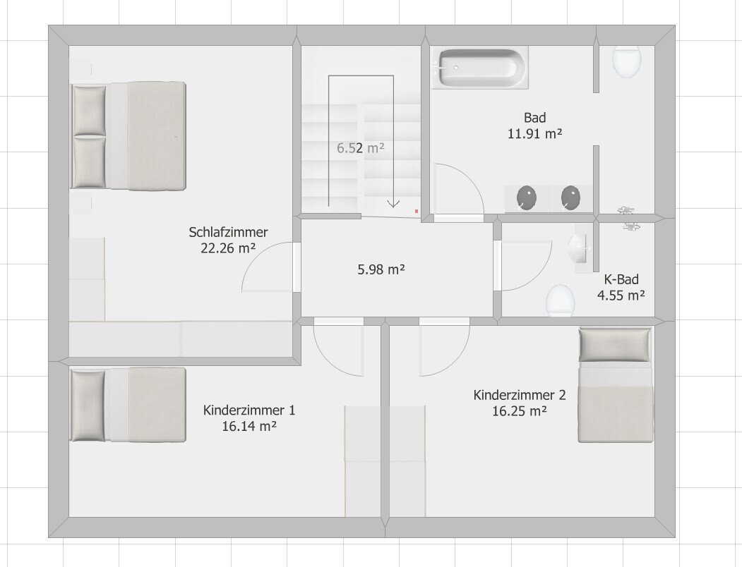 Floor plan of living spaces: bedroom, two children's rooms, bathroom, kids’ bathroom, corridor and stairs.