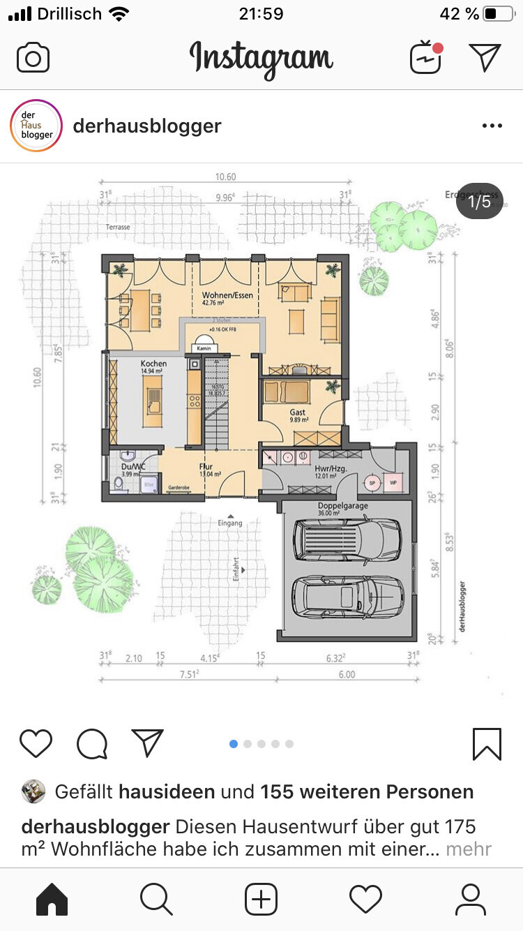 Floor plan of a house with living/dining area, kitchen, hallway, guest room, double garage