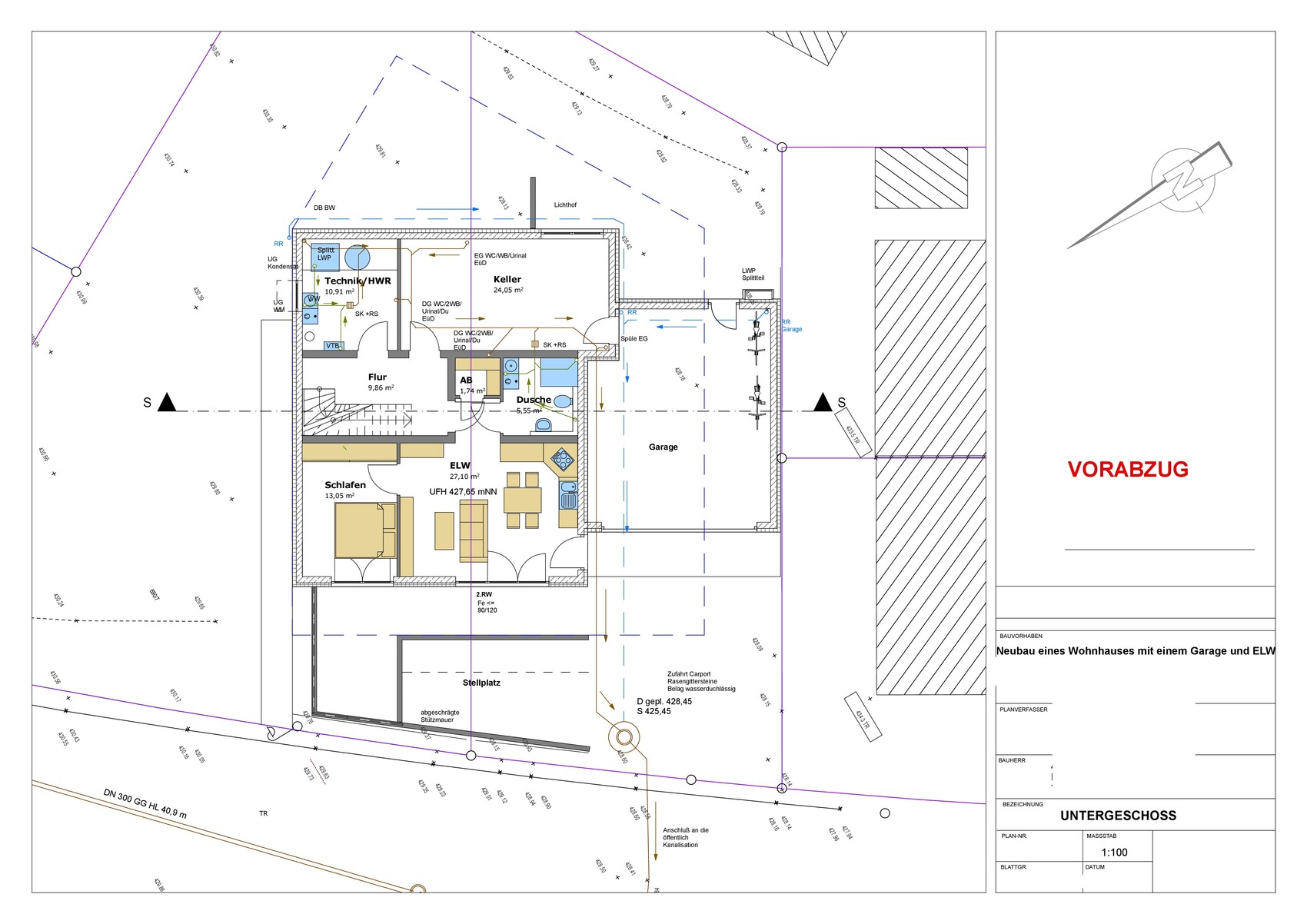 Floor plan of a residential house with garage, bedroom, hallway, technical room and basement.