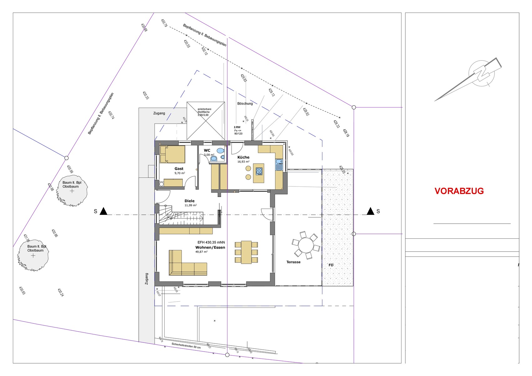 Floor plan of a house with entrance hall, guest room, kitchen, living/dining area and terrace.