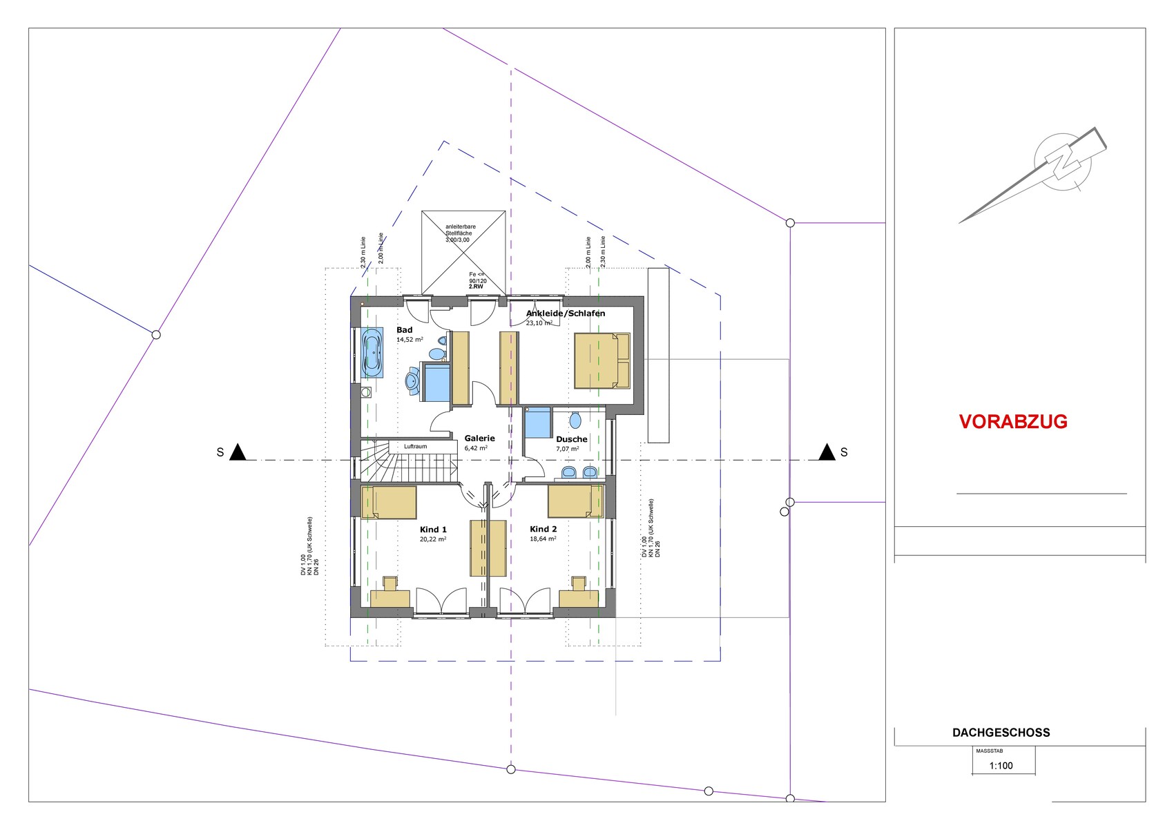 Attic floor plan: bathroom, shower, gallery, dressing/sleeping area, child 1, child 2