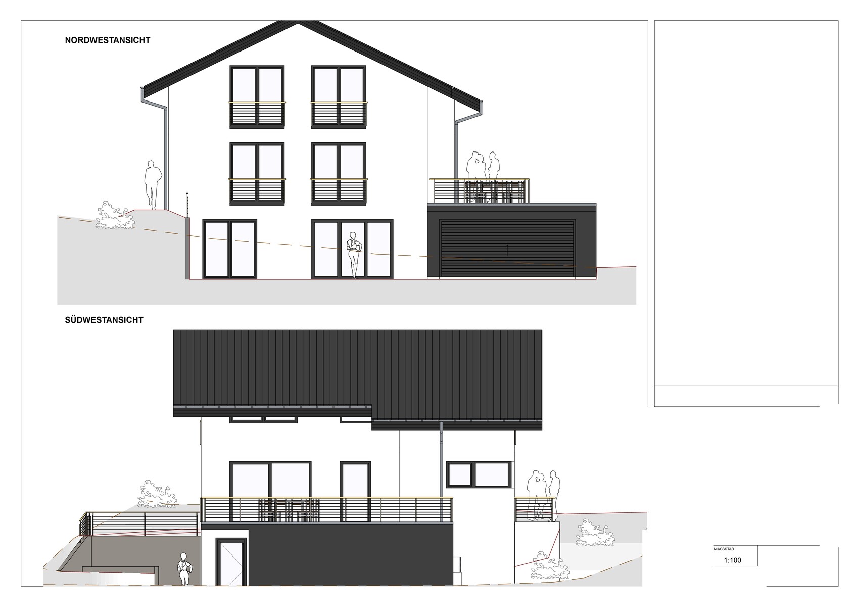 Modern two-story house view with gable roof, balconies, garage and terrace (NW-SW view).