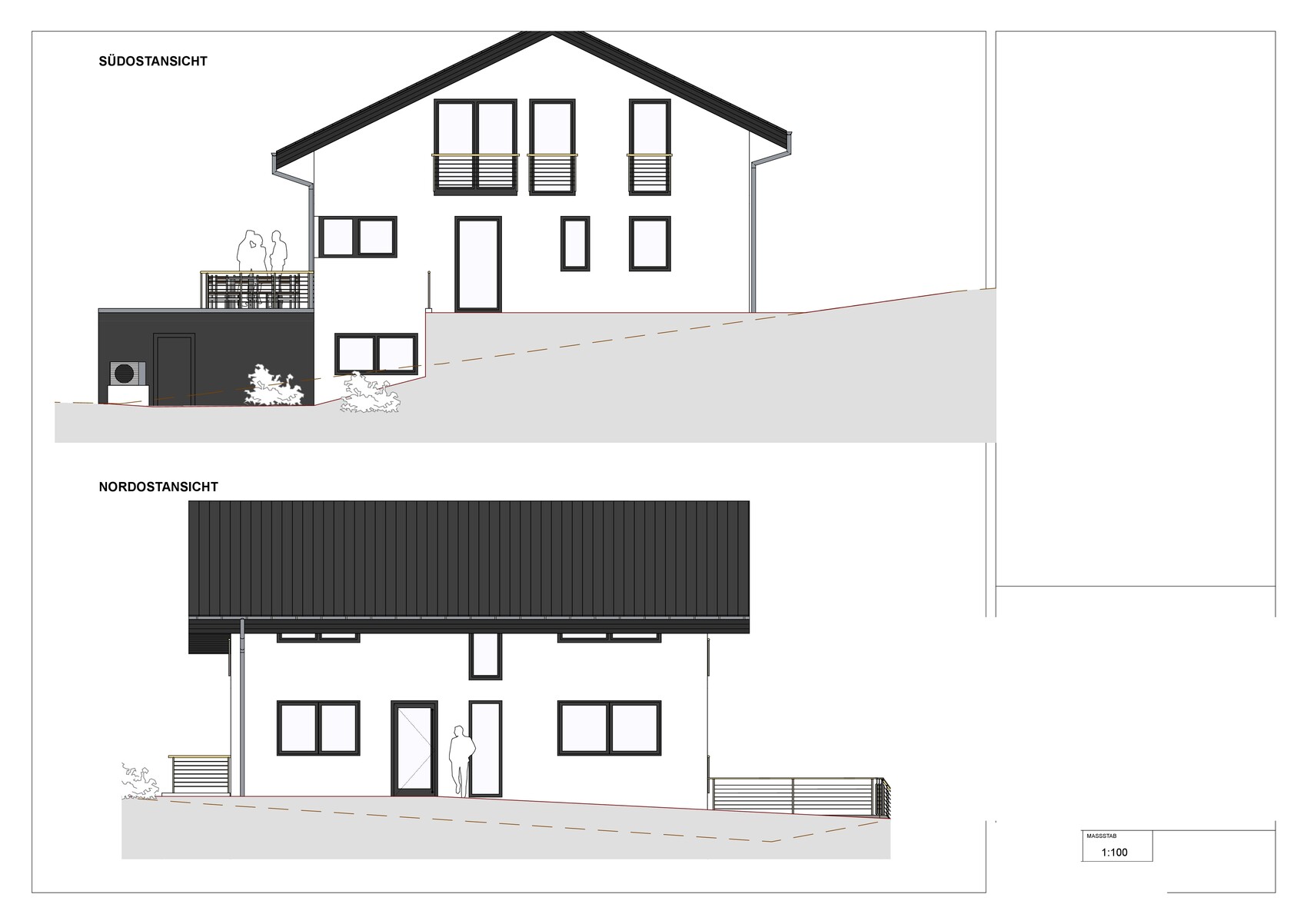 Modern house on a slope: southeast view with balconies, northeast view with dark roof.
