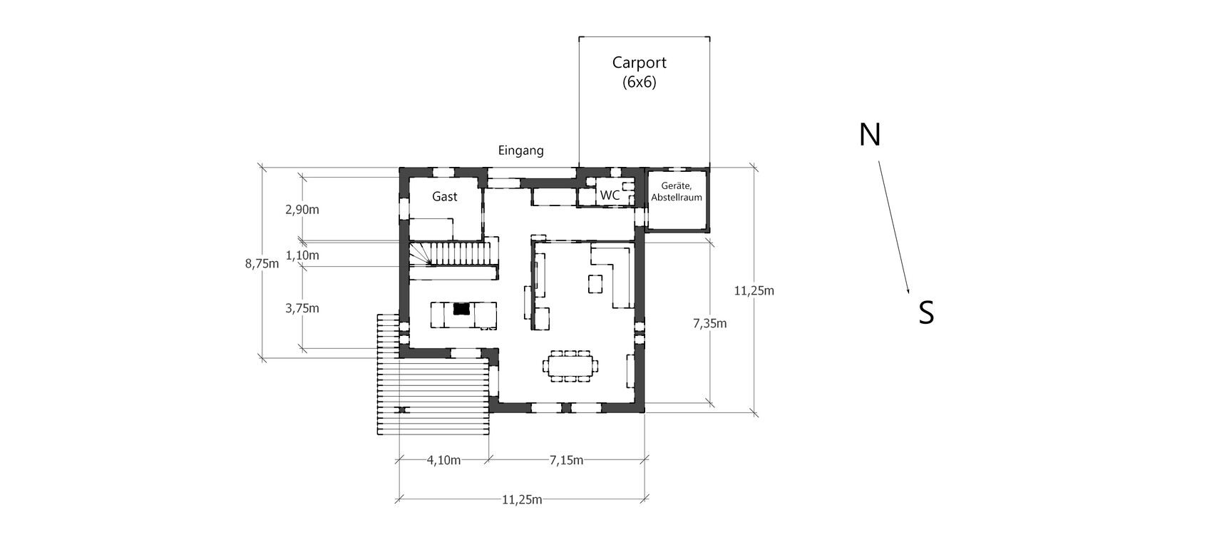 Detaillierter 2D-Hausgrundriss mit Carport, Eingangsbereich, Gastzimmer und Abstellraum
