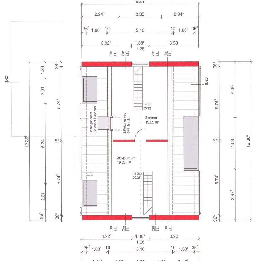 Attic floor plan with stairs, storage room, and rooms; dimension lines visible.