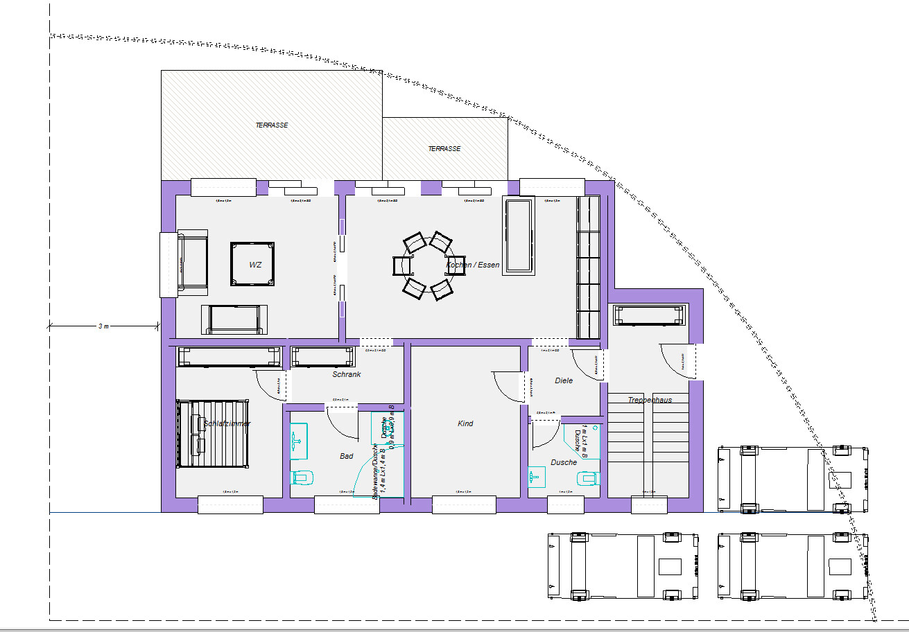 Floor plan of a house with living area, kitchen/dining, bedroom, child’s room, bathroom, hallway, and terraces.