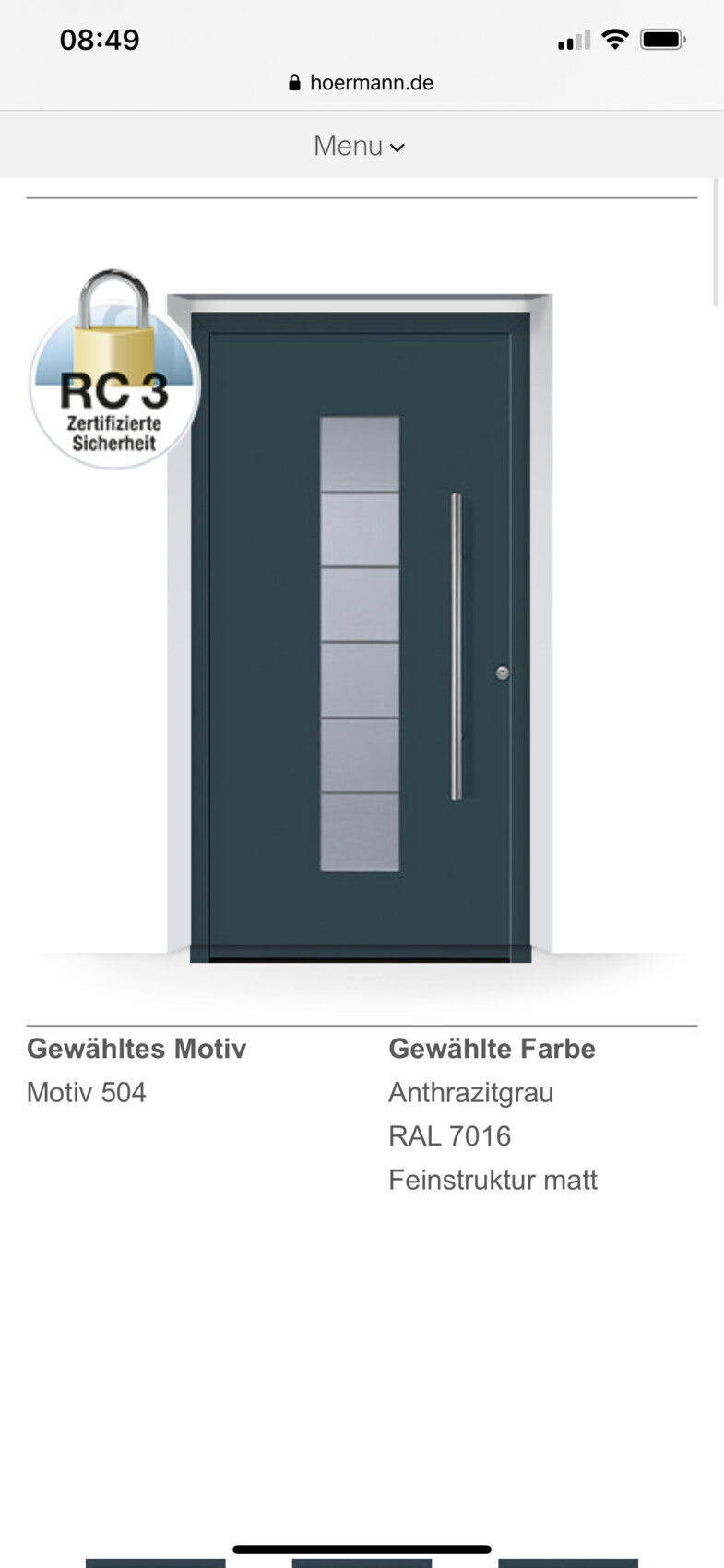 Door front in anthracite gray with vertical glass strip and long handle on the right; RC3 security seal
