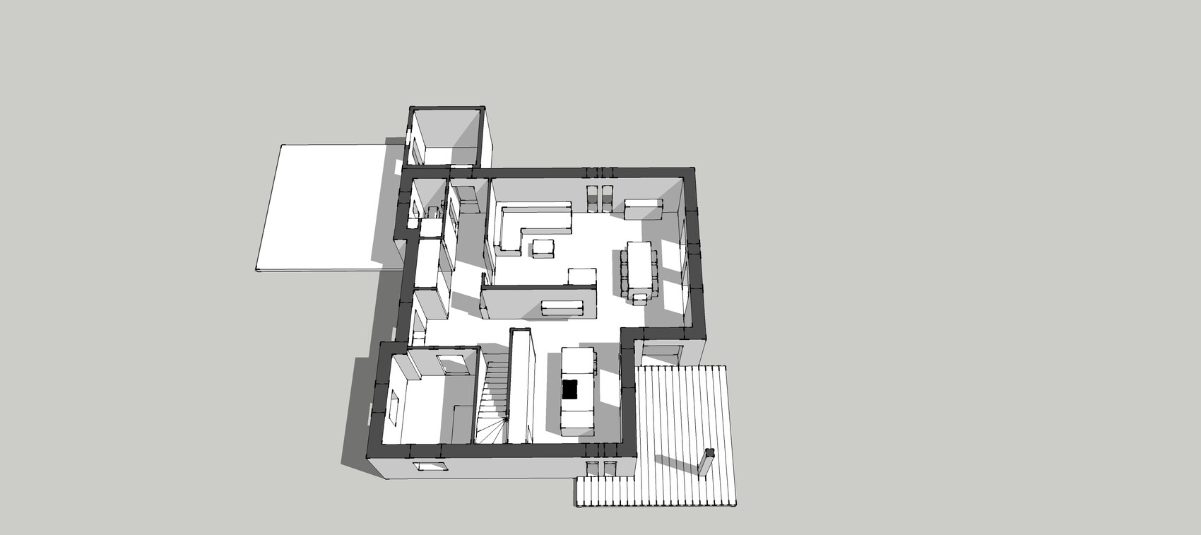 3D-Grundriss eines Hauses von oben mit Wohnzimmer, Essbereich und Treppen