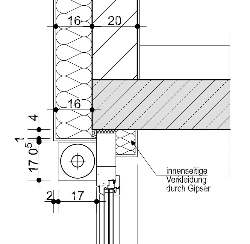 Technical drawing of a wall assembly with insulation and interior gypsum board