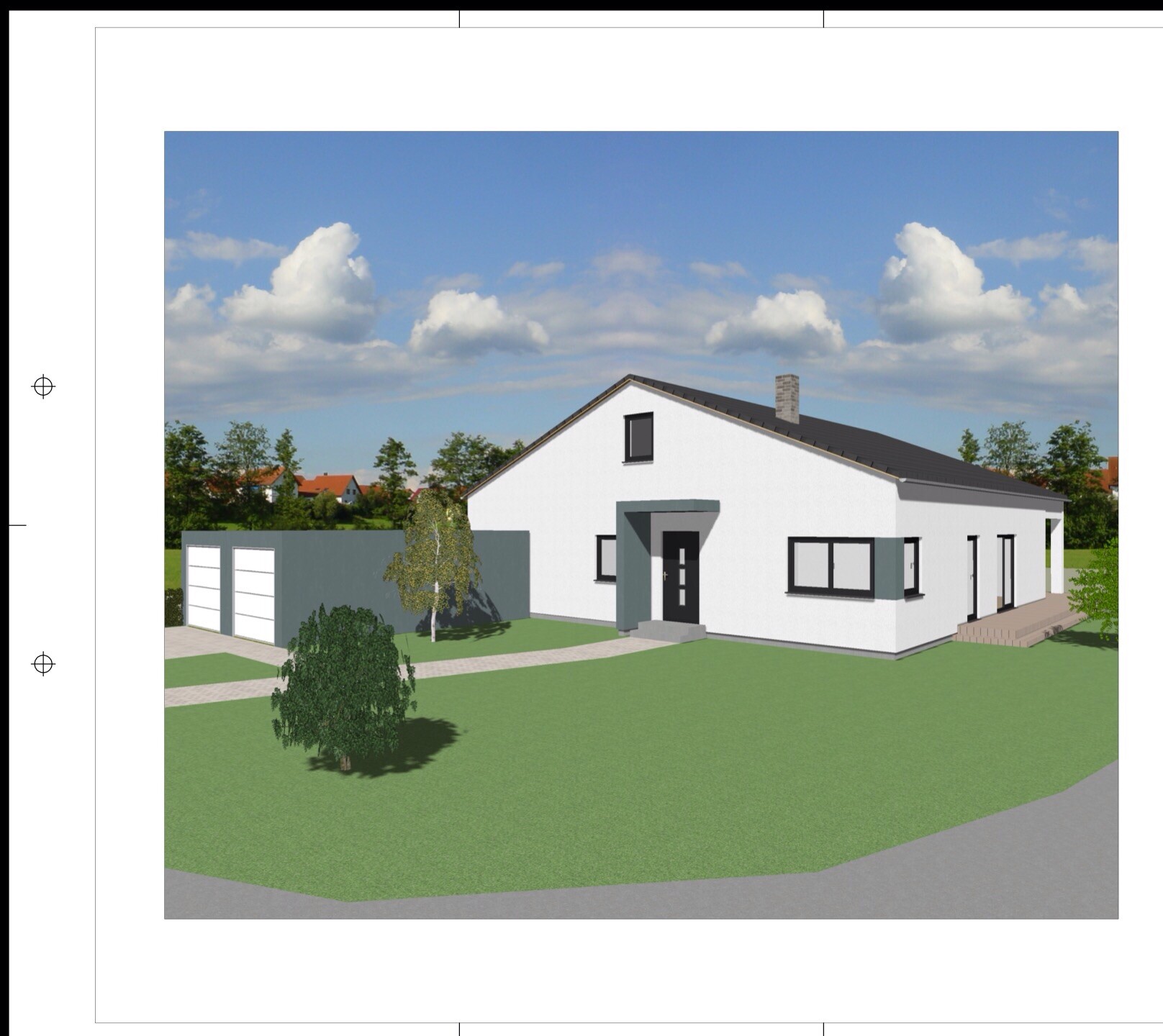 Modernes weißes Einfamilienhaus als 3D-Render mit Garage, Rasen und Zufahrt