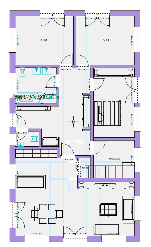 Floor plan of a residential house: living room, kitchen, bathroom, laundry room, staircase, and several rooms.