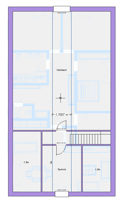 Floor plan of a house: central corridor, cold roof area, technical room downstairs, stairs and doors.