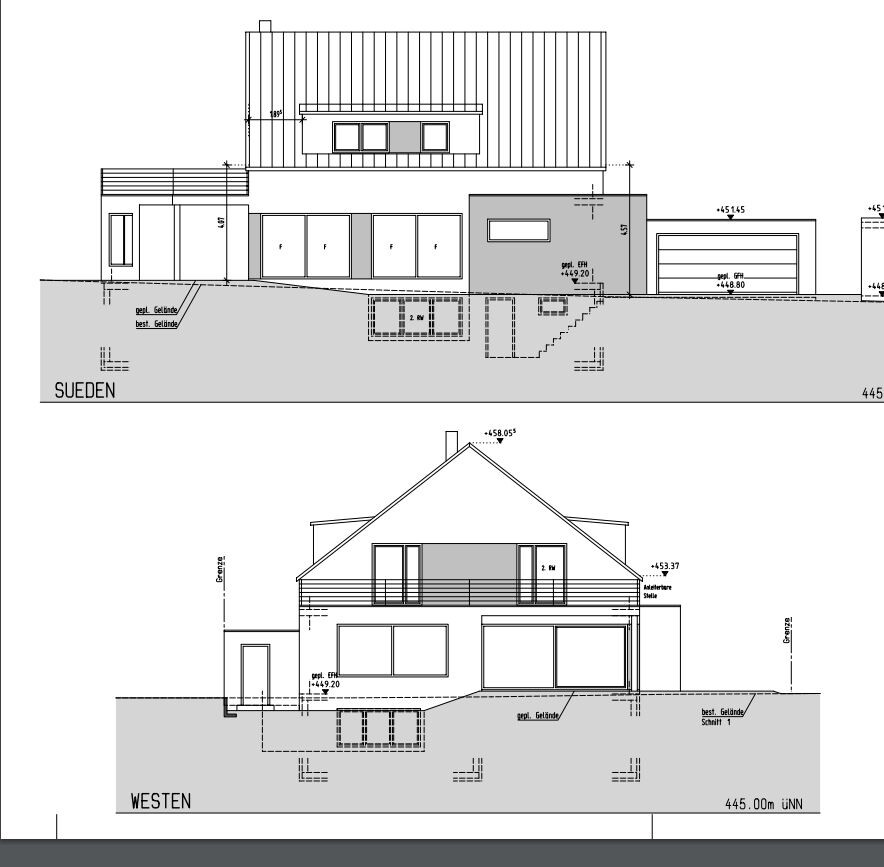 Architectural drawing: modern single-family house with garage, south and west elevations.