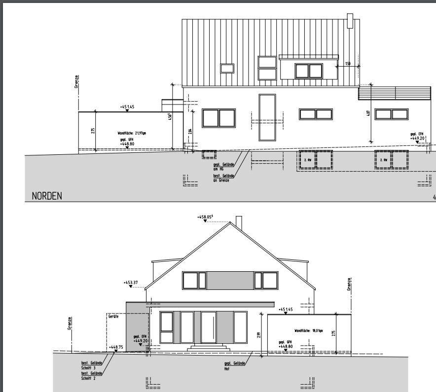 Architectural plans: front and north elevations of a modern house with windows, doors, and dimension lines.