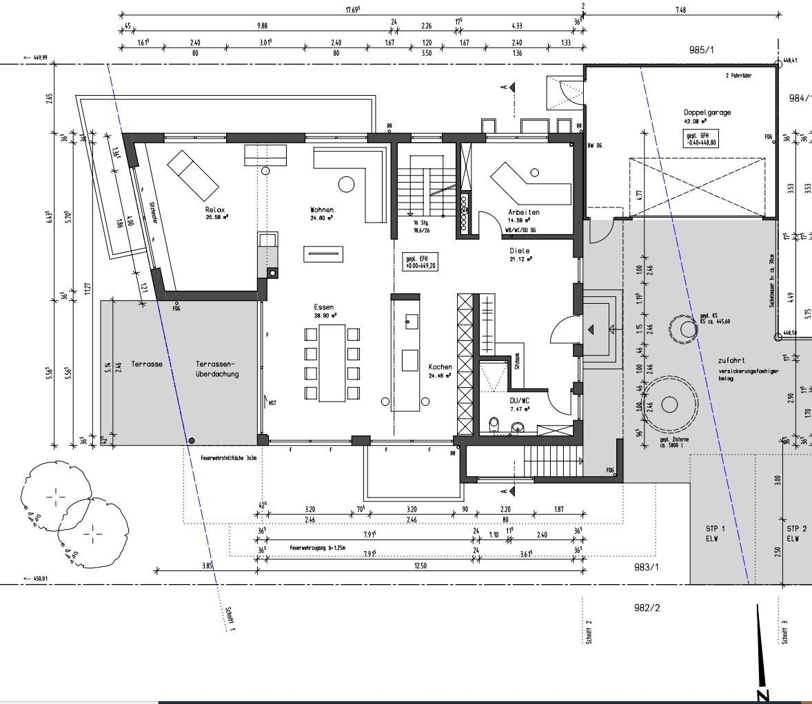 Floor plan of a house: living room, dining, kitchen, terrace, office, entrance hall, shower/WC, garage.