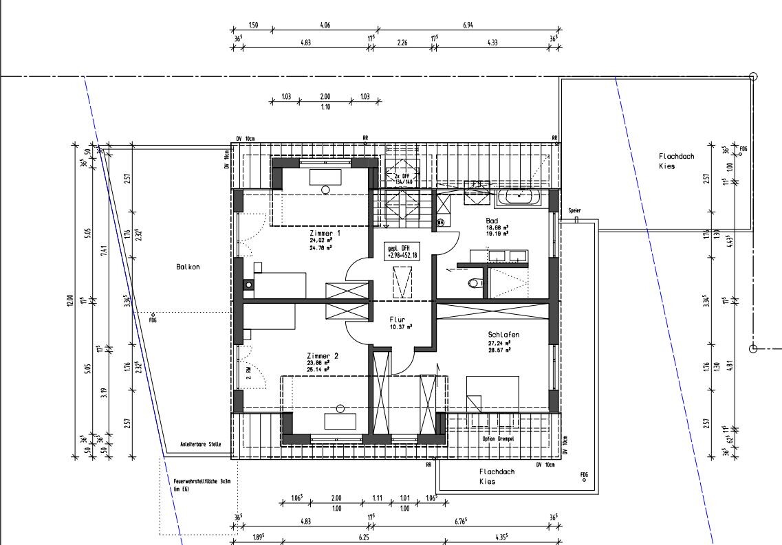 Attic floor plan with balcony, hallway, two rooms, bedroom, and bathroom.