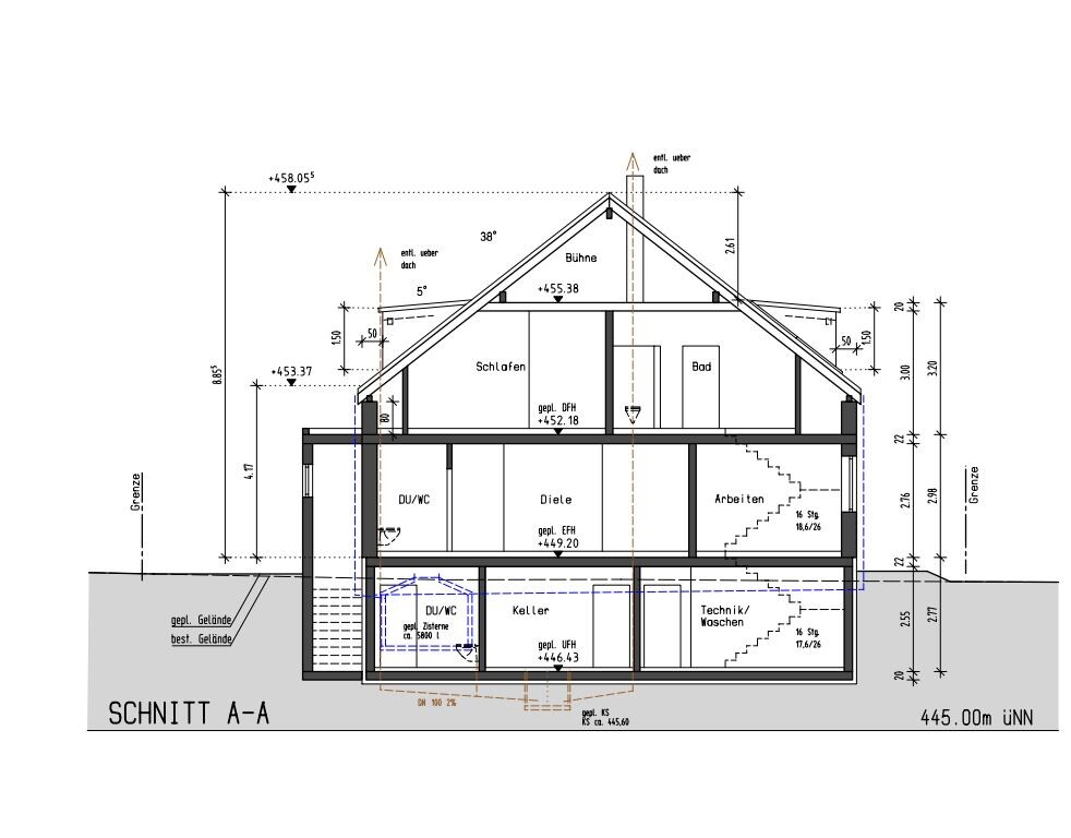 Section A-A: multi-story house with basement, roof structure, sleeping area, entrance hall, bathroom.