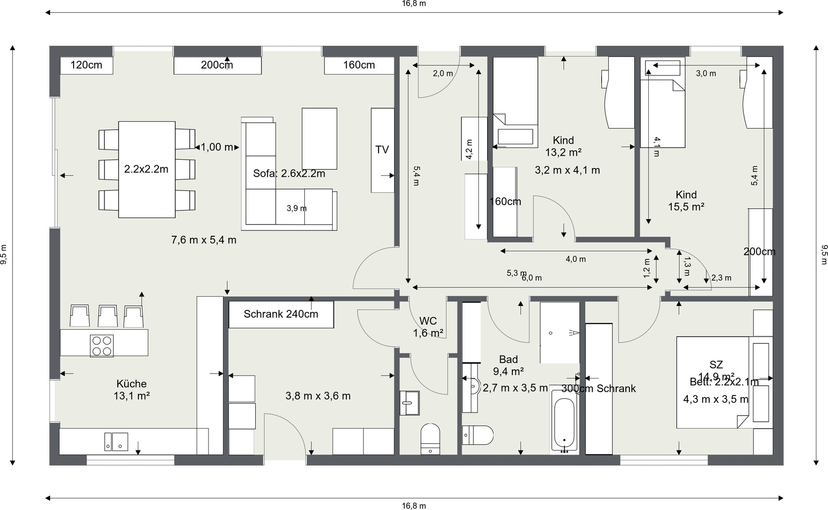 Grundriss einer Wohnung mit Küche, Wohnzimmer, Bad, WC, Kinder- und Schlafräume.