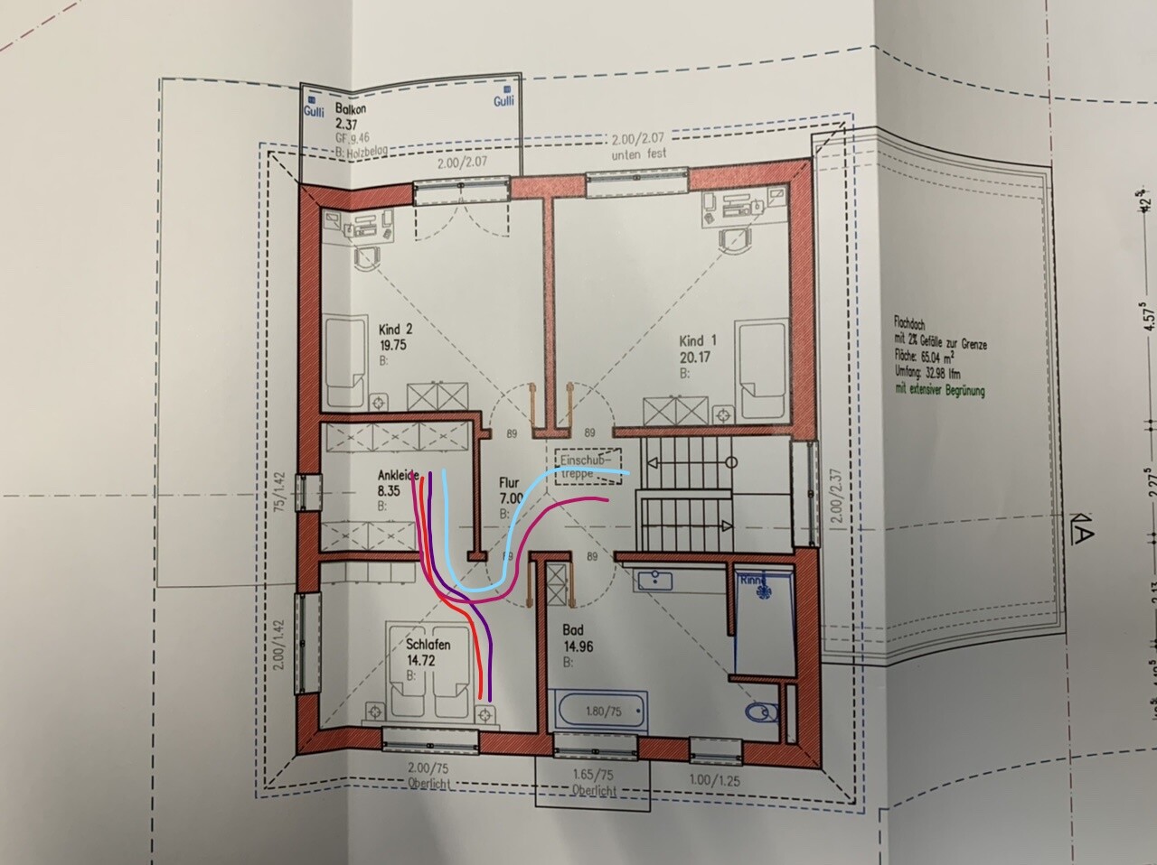 Floor plan of a house with two children’s rooms, bedroom, walk-in closet, hallway, and bathroom.