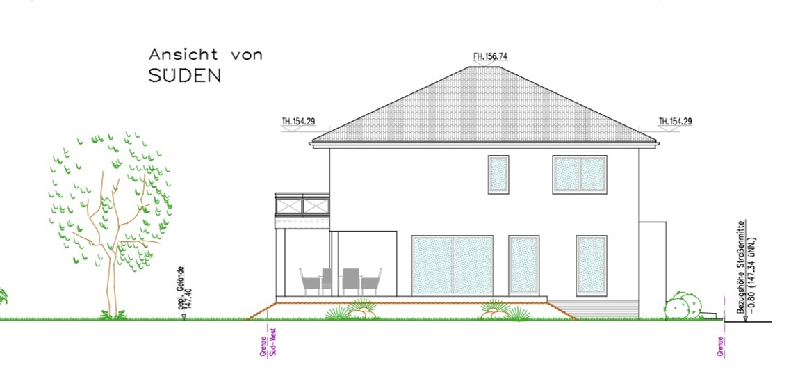 View of a two-story house from the south with patio, large windows, and garden.