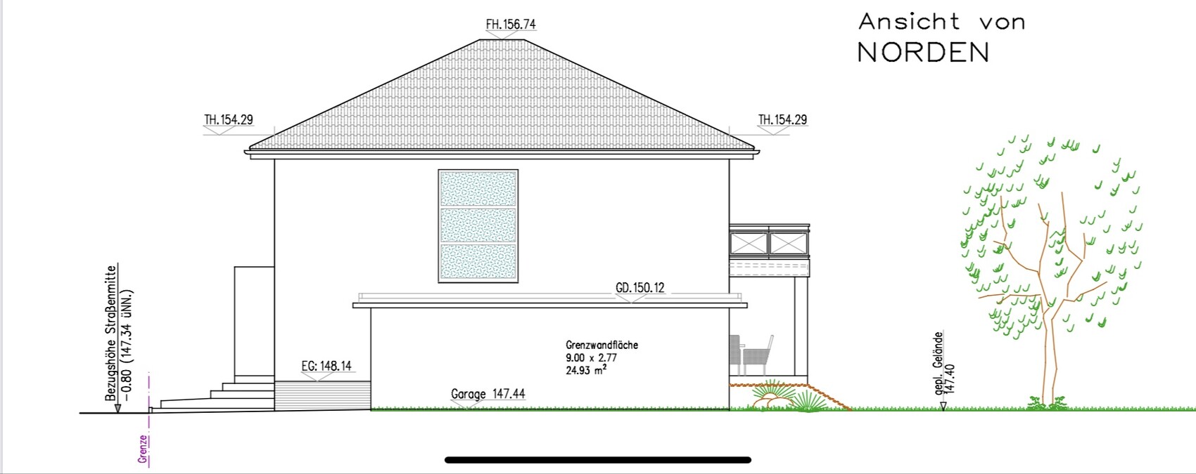 North view of a two-story house with garage, balcony, and tree on the right.