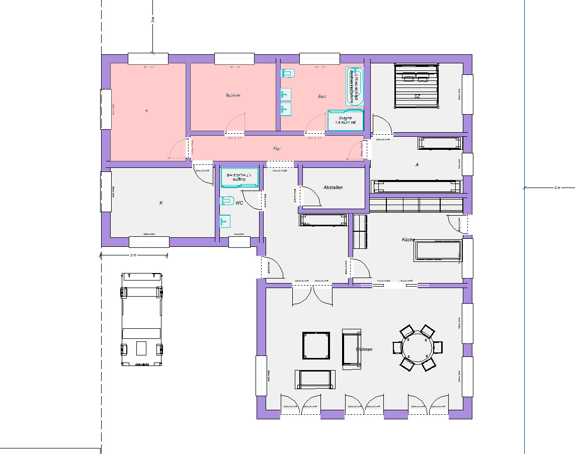 Floor plan of a house: living room, kitchen, hallway, bathroom, WC, storage room, and garage.
