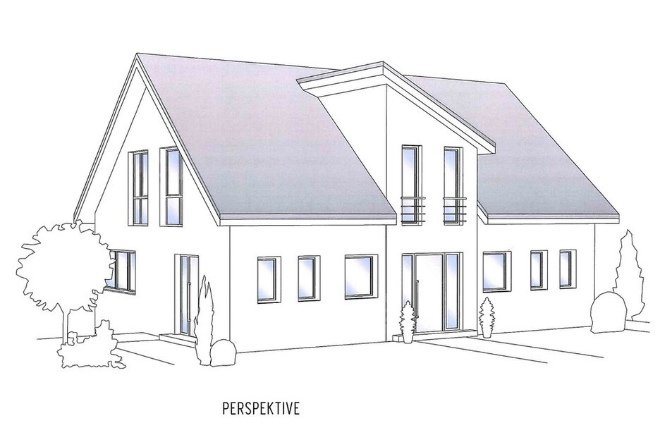 Two-story single-family house sketch with gabled roof, windows, and garden.
