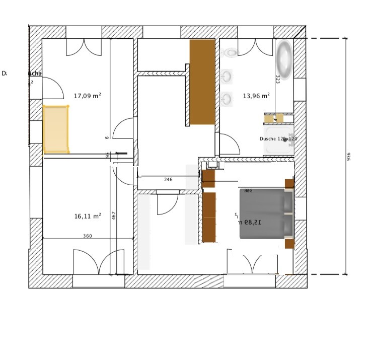 Grundriss einer Wohnung mit Zimmern (17,09;16,11;13,96 m²) und Dusche im Bad.