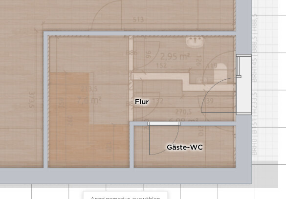 Grundriss eines Flurs mit Gäste-WC in einer Wohnung, Türen und Wände sichtbar.