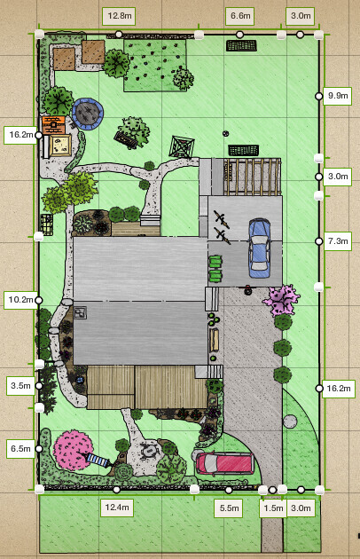Grundstuecksplan: Haus mit Garten, Pool, Terrasse, Weg und Parkplatz