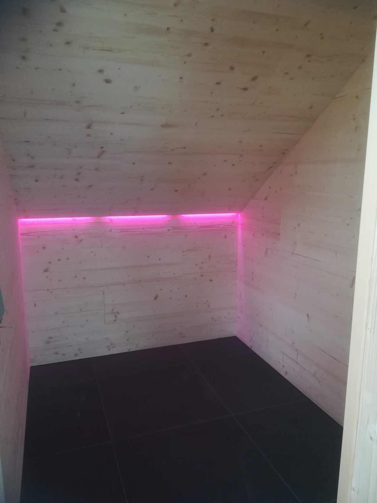 Small room with wood paneling, dark floor, pink LED light on the wall, and sloped ceiling.