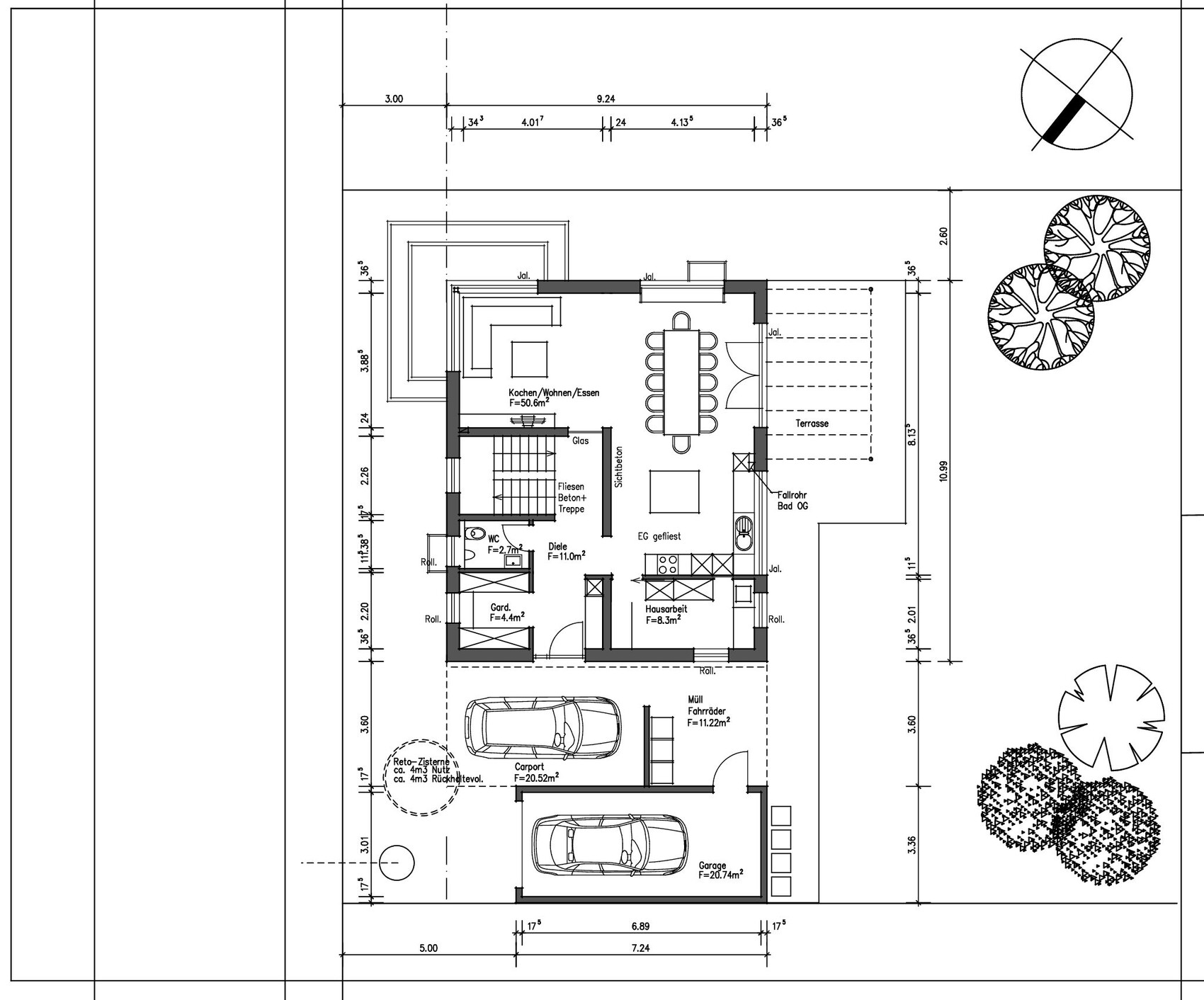 Floor plan of a house: kitchen/living/dining, bathroom, WC, stairs; garage, carport, terrace, garden.
