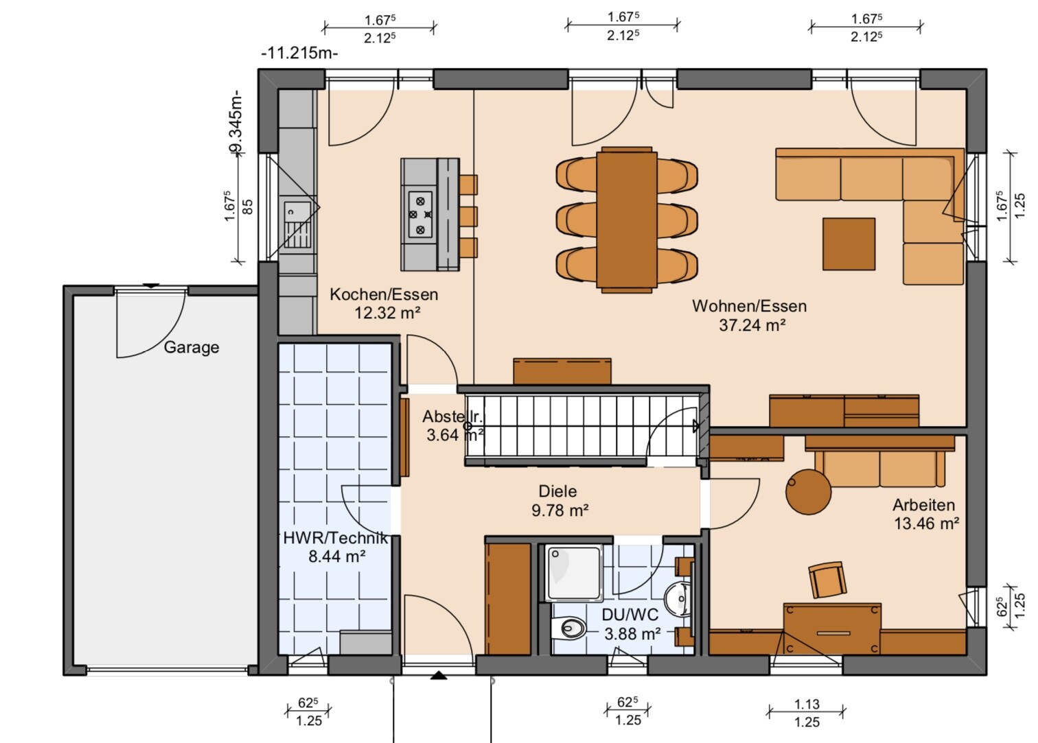 Ground floor plan: garage on the left, kitchen with island, open living/dining area, office, hallway.