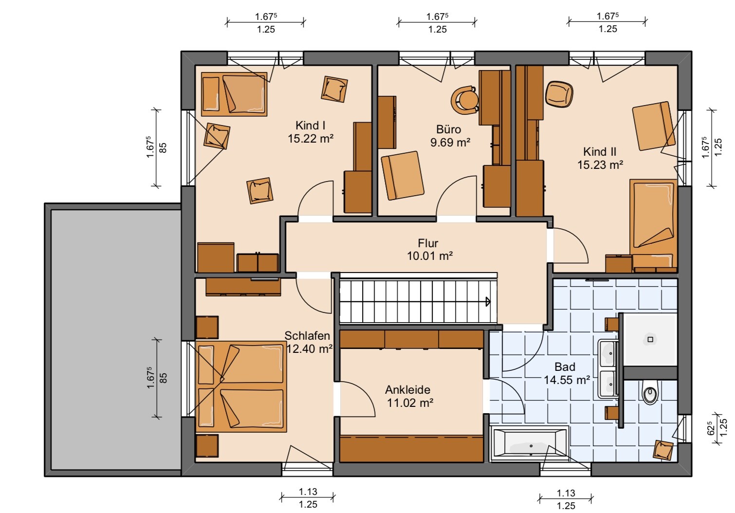 Upper floor plan: corridor, bedroom, walk-in closet, bathroom, office, child room I, child room II