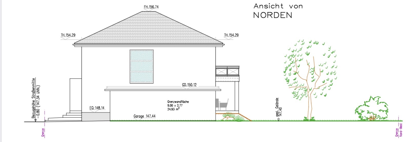 North elevation of a single-family house with garage, terrace, and garden.