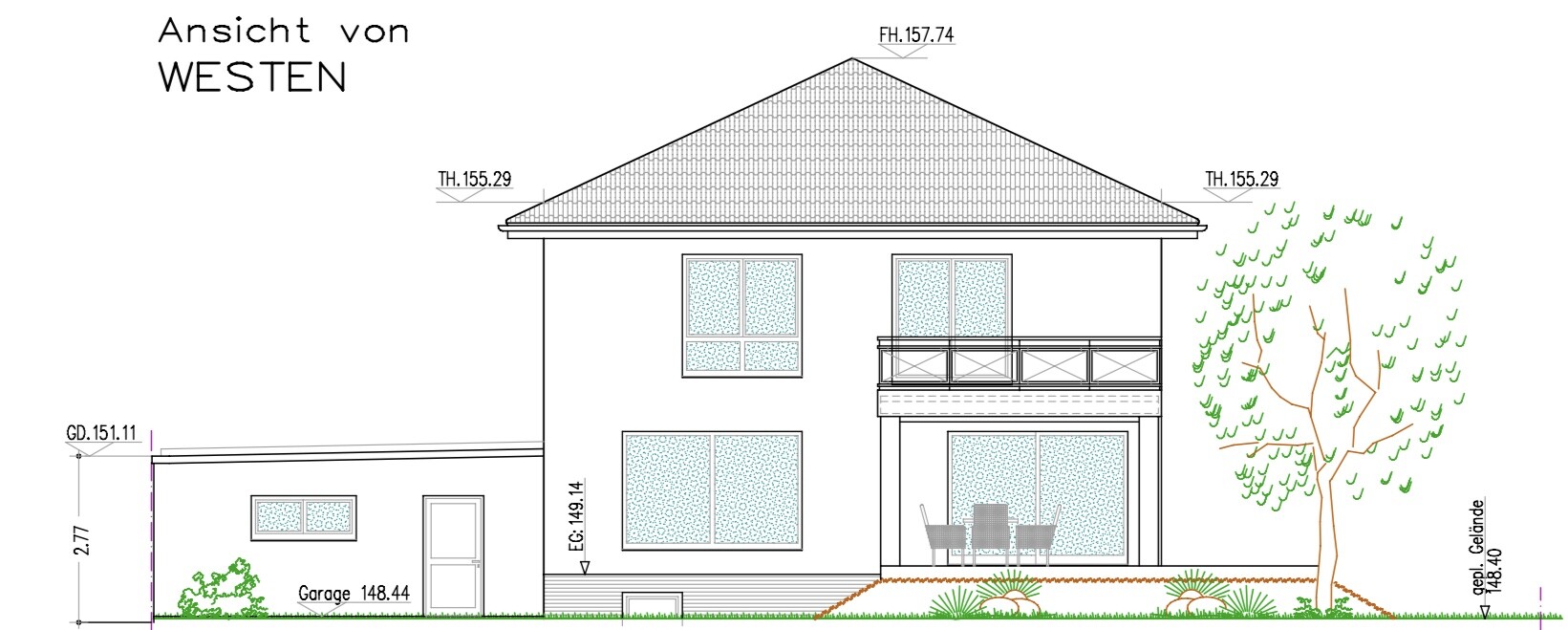 West elevation: two-story house with garage on the left, balcony, large windows, garden with tree.
