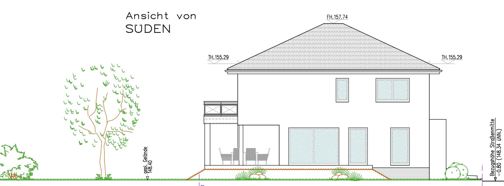 Two-story residential house from the south with balcony, terrace, and large windows; garden plants.